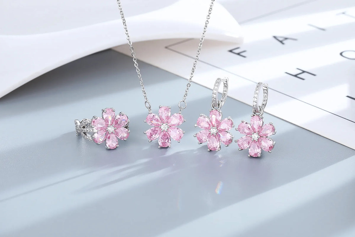 Fashion Wedding Ring for Women Pink Zircon Crystal Flower Pendant Bracelets Earrings Necklace Rings Fine Jewelry Sets FCGJHW