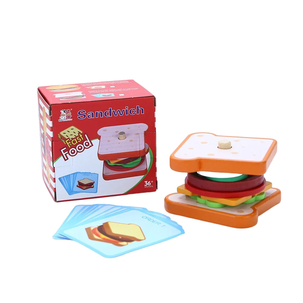 Children Pretend Play Kitchen Wooden  Toys Hamburger Sandwich Simulation Food Matching Games Montessori Educational Stacking Toy