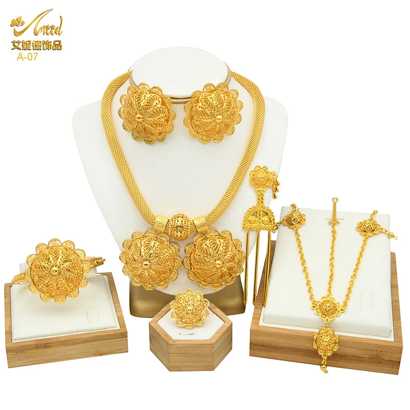 ANIID Ethiopian Gold Color 6pcs Jewelry Sets For Women Dubai Flower Shape Nigerian Luxury Necklace Jewellery Set Wedding Gifts