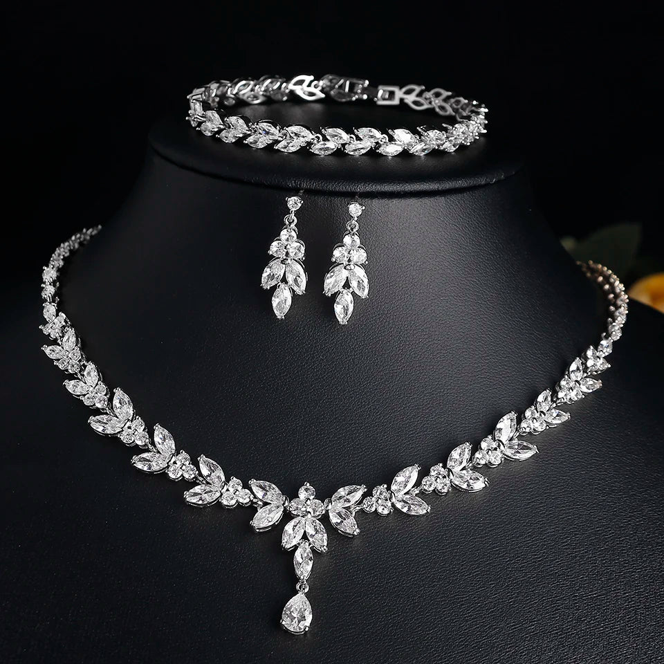 ZAKOL Luxury Brilliant Zirconia Leaf Necklace Earrings Rings Bracelets Set for Women CZ Drop Bridal Wedding Jewelry Sets New