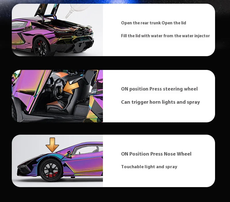 1:24 Lamborghini Revuelto Spray Plating Version With Water Spray, Fog Effect Realistic Simulation Alloy Model Boy Gift