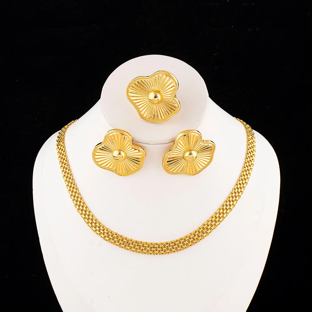 Necklace Earrings Ring Jewelry Set for Women  Gold Plated Clip Earrings and Finger Ring 2Pcs Set for Engagement Daily Wear Gifts