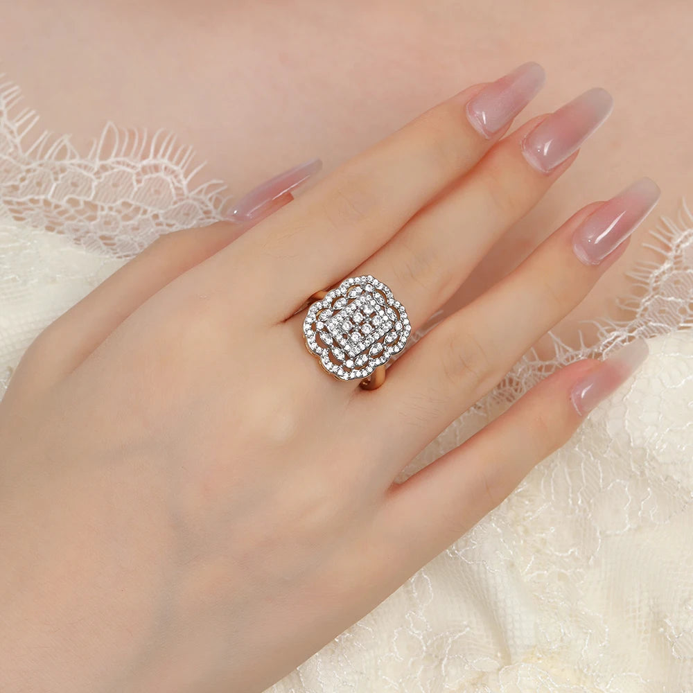 Square hollow inlaid zircon earrings ring set copper plated 14K gold luxury fashion jewelry banquet wedding Christmas gift