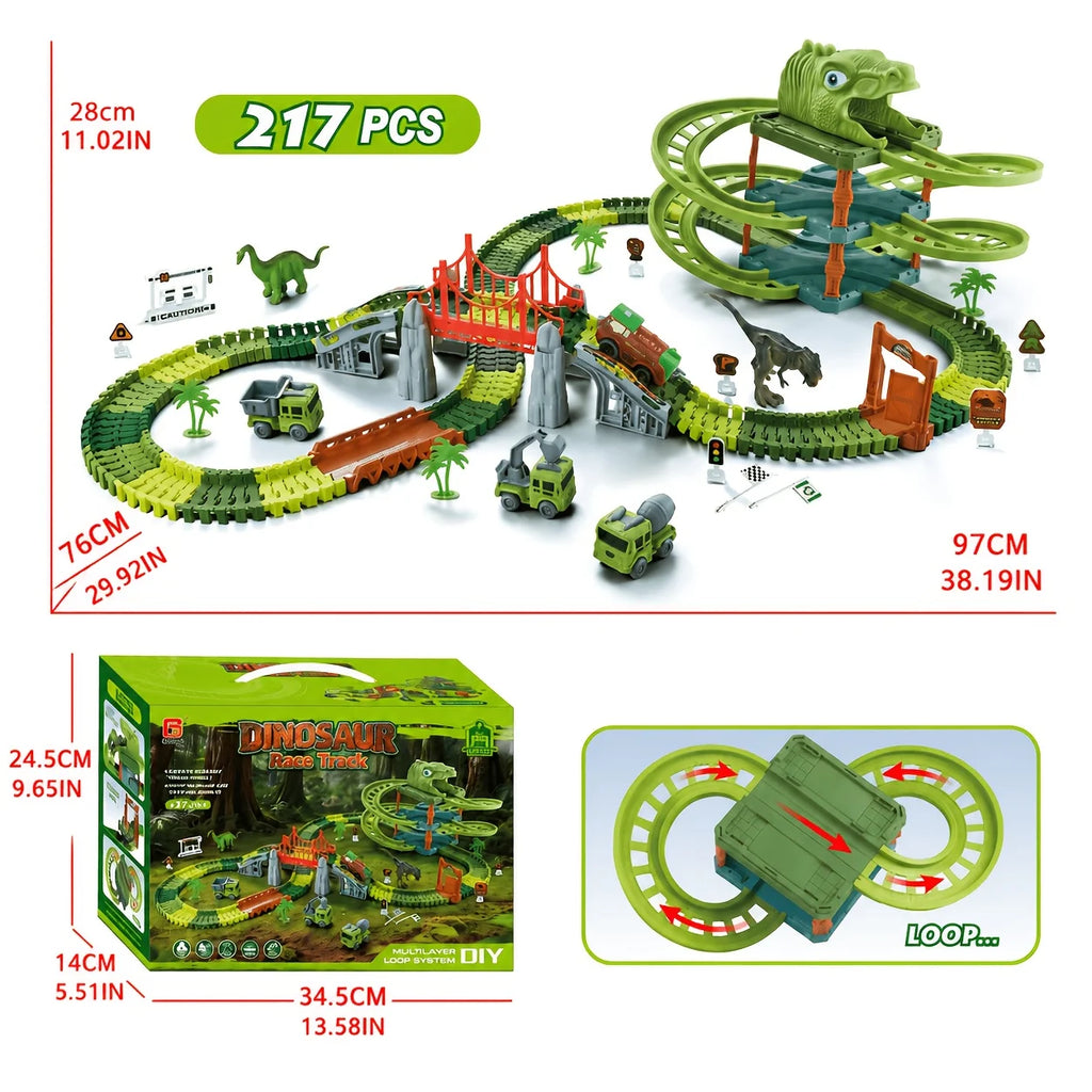 3-Layer Dinosaur Race Track Set with Cars, DIY Flexible Educational Construction Toy Gift for Kids Boys Birthday Christmas