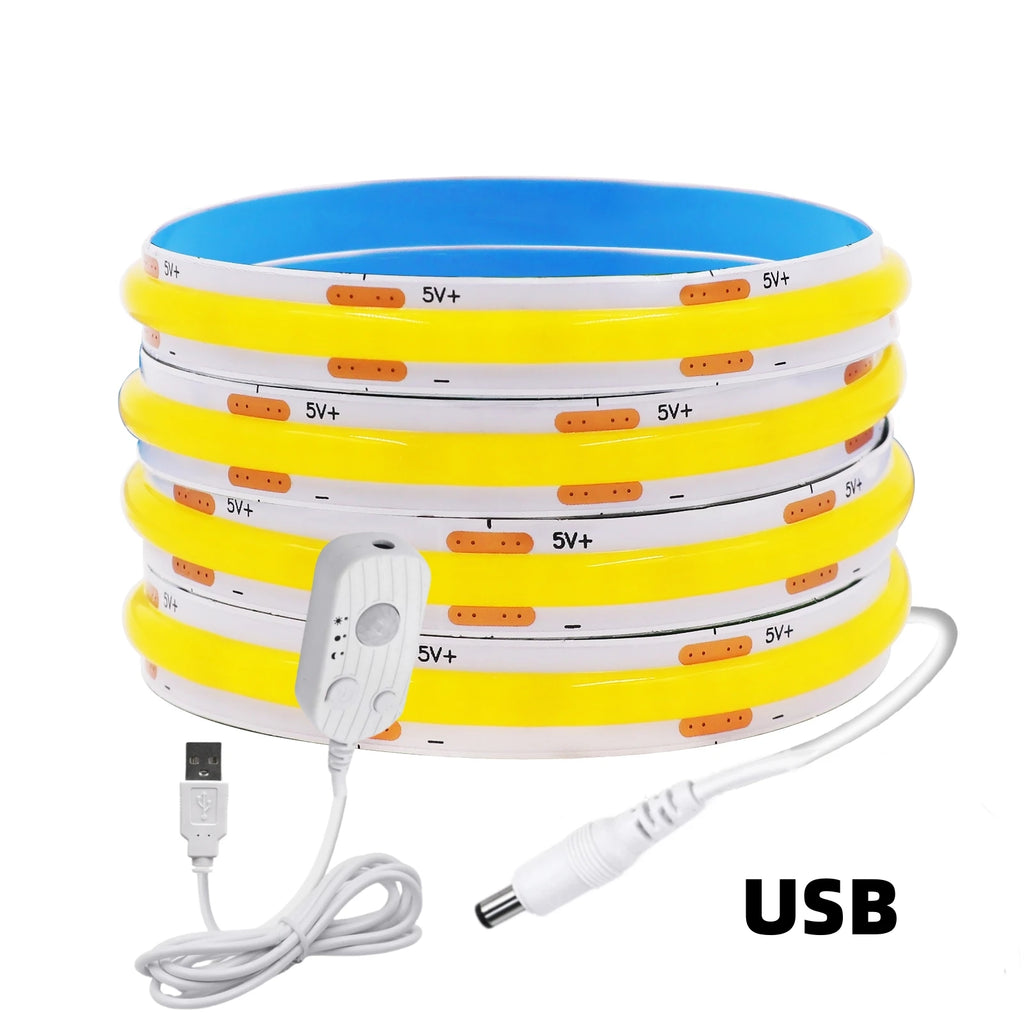 8MM COB LED Strip Light 5V 320LEDs/M Motion Sensor Dimmable Flexible LED Tape Ribbon USB/Battery Powered DIY Backlight for Room