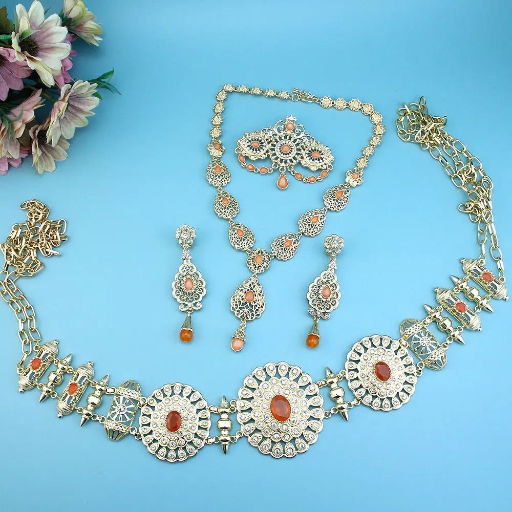 Sunspicems Chic Arabic Bride Jewelry Sets For Women Gold Color Crystal Morocco Belt Necklace Caftan Brooch Earring Muslim Sets