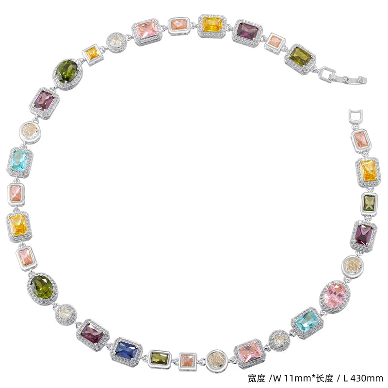 ZHUKOU 18K Golden Plated Spliced Colorful CZ Gemstone Bracelet Necklace With Hip Hop Style Unisex Couple Jewelry：VL561 VL562