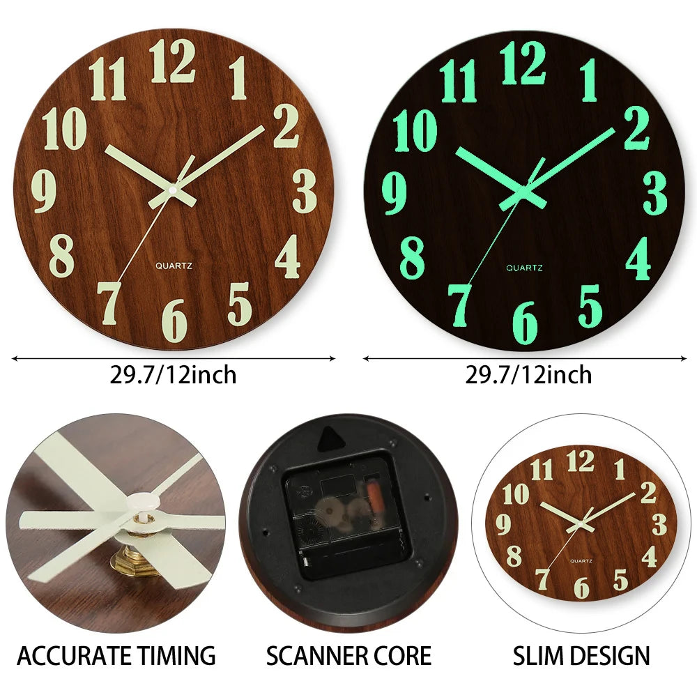 12 Inch Luminous Wall Clock Wood Silent Light in Dark Night Nordic Fashion Wall Clock Non Ticking Clock With Night Light