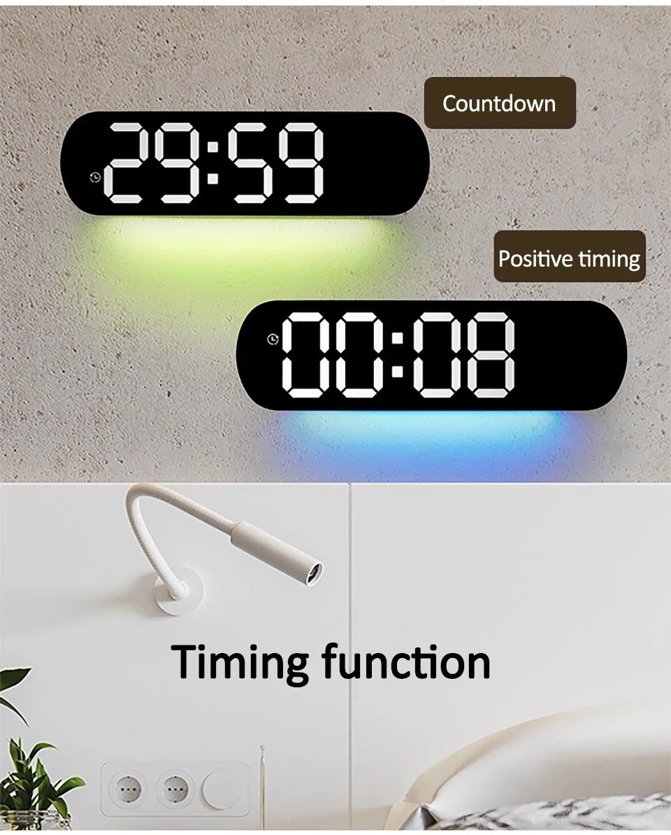 LED Digital Wall Clock With Remote Control Ambient Lights Time Date Temperature Display Alarm Clocks For Home Living Room Decor