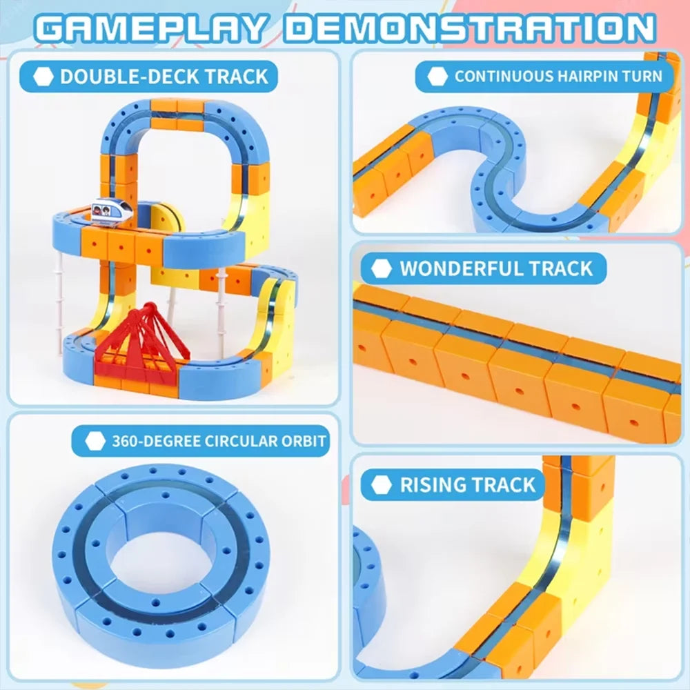 DIY Magnetic Rail Car Set for Kids - Educational Building Blocks Toy with Flexible Track Assembly Race Car Playset