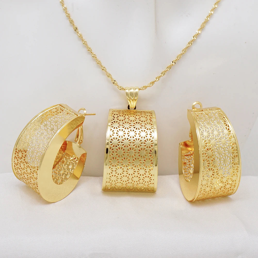 Fashion Dubai Jewelry Sets Gold Color Pendant Copper Classic Earrings Necklace For Women Daily Wear Party Anniversary Gifts
