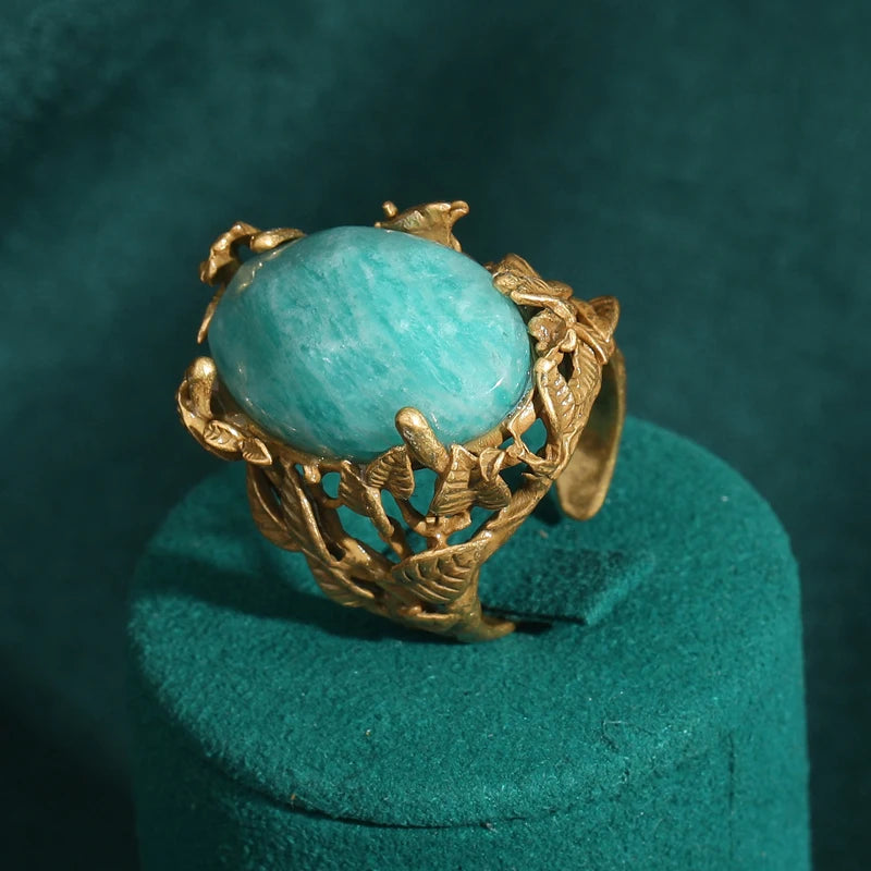 Vintage Wedding Rings for Women Round Blue Natural Oval Green Crystal Horse Eye Shape Glass Retro Pattern Gold Color Jewelry