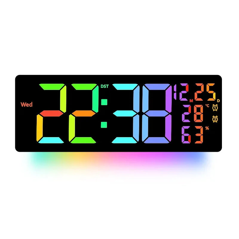 17" Large Digital Wall Clock 11Colors Dispaly & Dynamic RGB LED Clocks Temp Date Week Display Remote Control Dual Alarms Clock