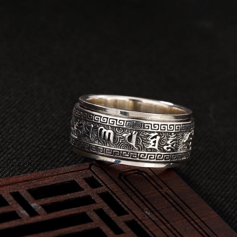 Factory Price S925 Sterling Silver Craft Mens Rings Rotable Stereoscopic Vintage Glossy Six-character Mantra Jewelry Gift