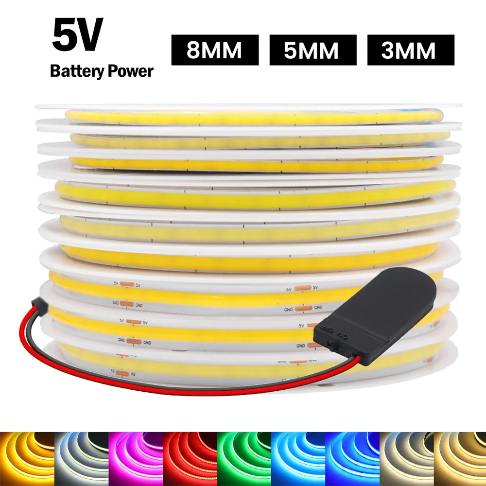 Battery Powered COB LED Strip Light 5V 320LEDs/M Flexible Diode Tape 3MM 5MM 8MM Linear Ribbon Indoor Lighting Lamp Backlight