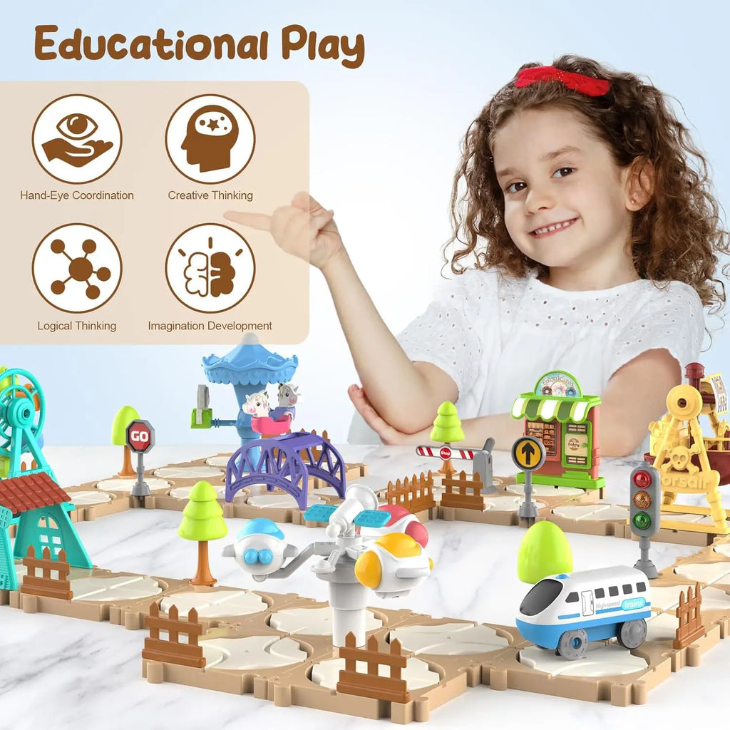 DIY Puzzle Track Car Set Assembling Scene Rail Train Learning Logic Road Board Games Educational Toy Kid Boy Birthday Gifts
