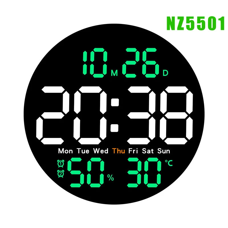 LED Wall Clock with Dual Alarms, Calendar and Temperature Display for Home Decoration. Brightness Adjustable