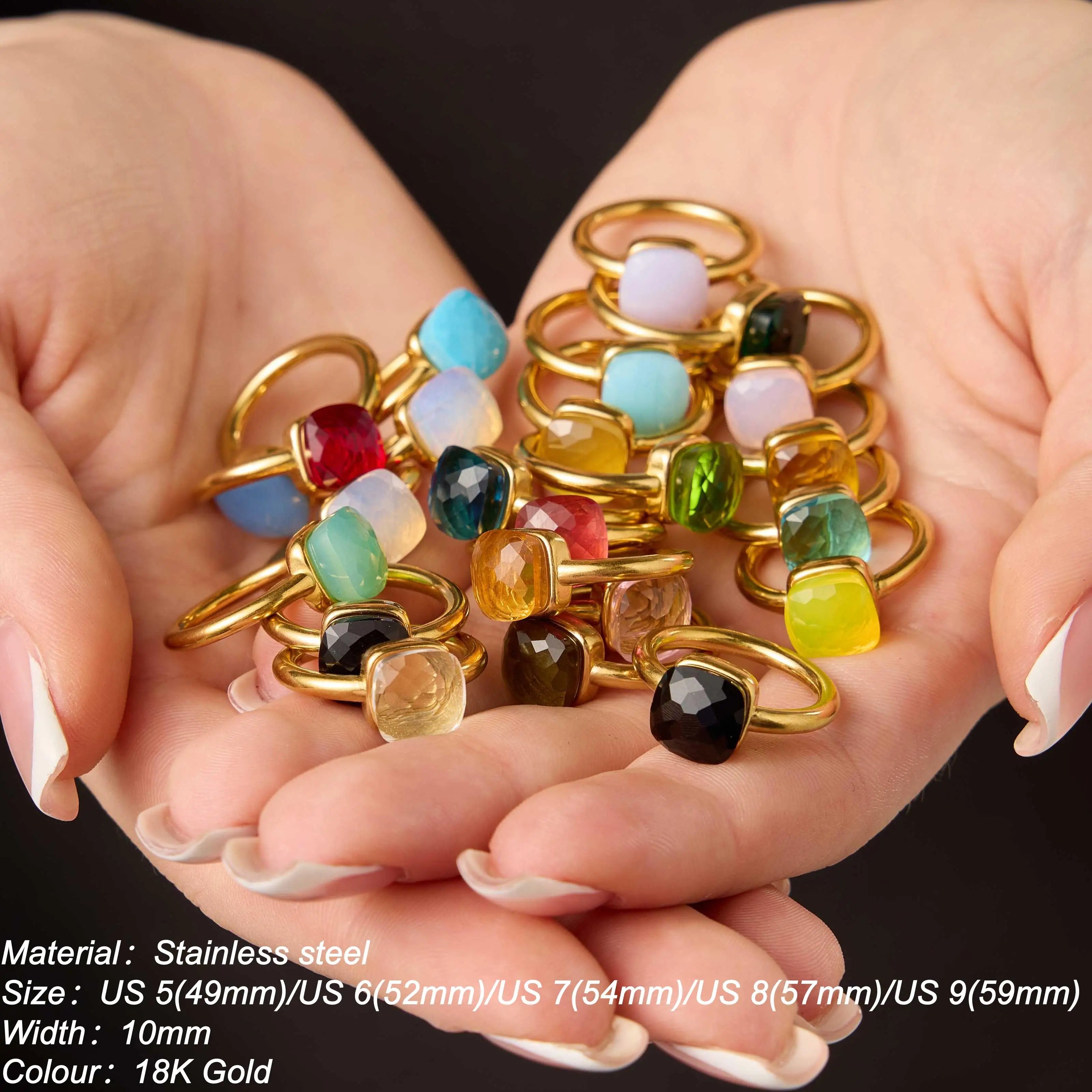 Colorful Crystal Nude Ring for Women 18K Gold Plated Stainless Steel Candy Color Square Stone Statement Rings Jewelry Gift