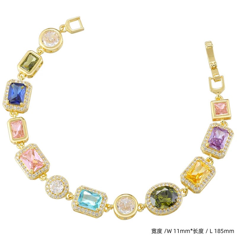 Colorful Mosaic Geometric Zircon Bracelet/Necklace Set Hip-Hop Retro Unisex Couple's 18K Gold-Plated Brass Jewelry:VL661 VL662