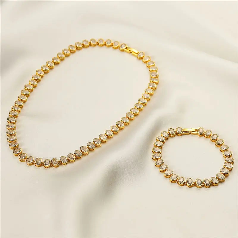 HECHENG,Oval Sparkling CZ Charm Bracelets Necklace for Women 18K Gold Plated Tennis Cubic Zircon Bohemia Beach Jewelry Set