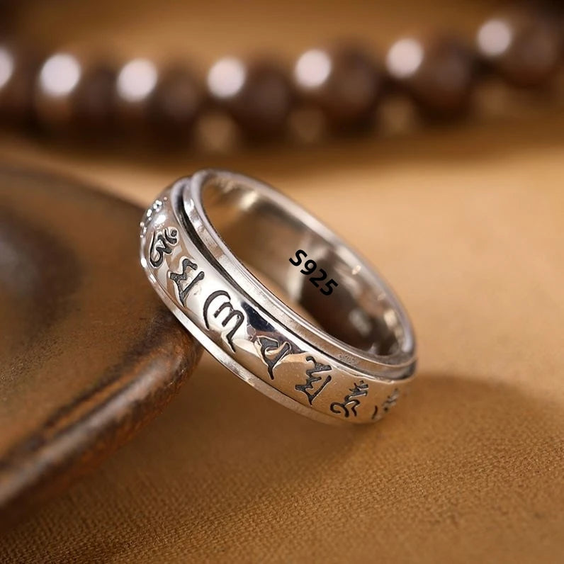 Factory Price S925 Silver Sanskrit Mantra Rotating Men's Ring Literary Simplicity Retro Personality Ring Jewelry Creativity Gift