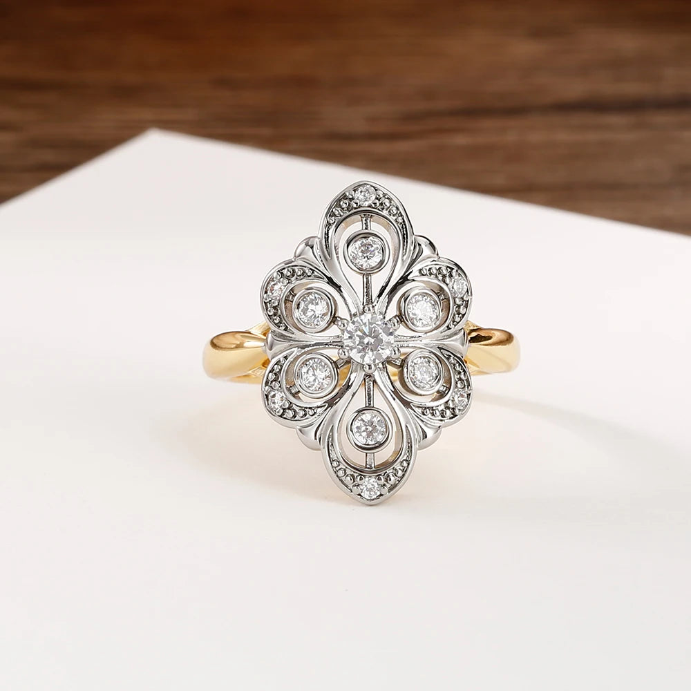 Petal design inlaid with zircon two-tone set earrings ring copper plated 14K gold retro fashion jewelry banquet holiday gift