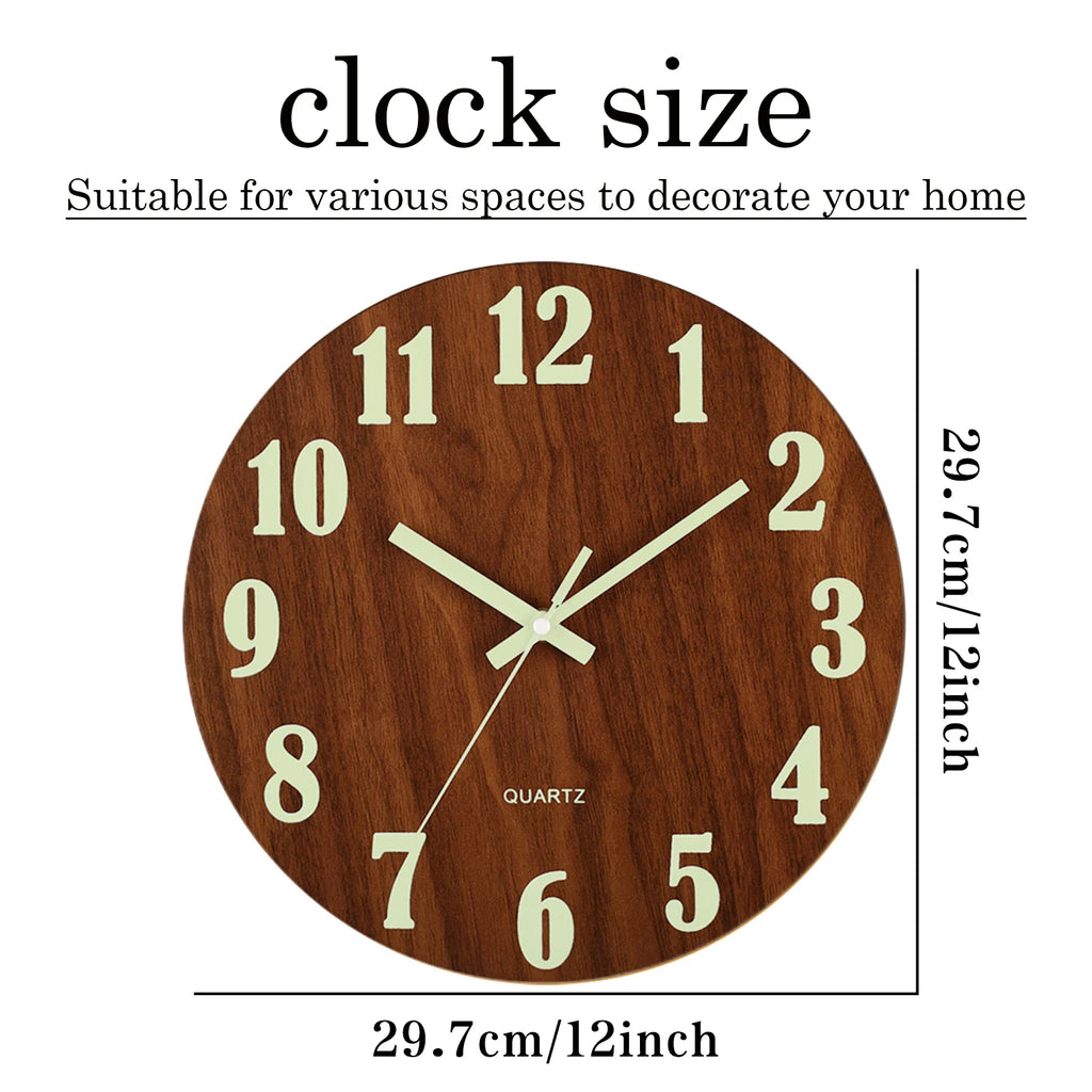 12 Inch Luminous Wall Clock Wood Silent Light in Dark Night Nordic Fashion Wall Clock Non Ticking Clock With Night Light
