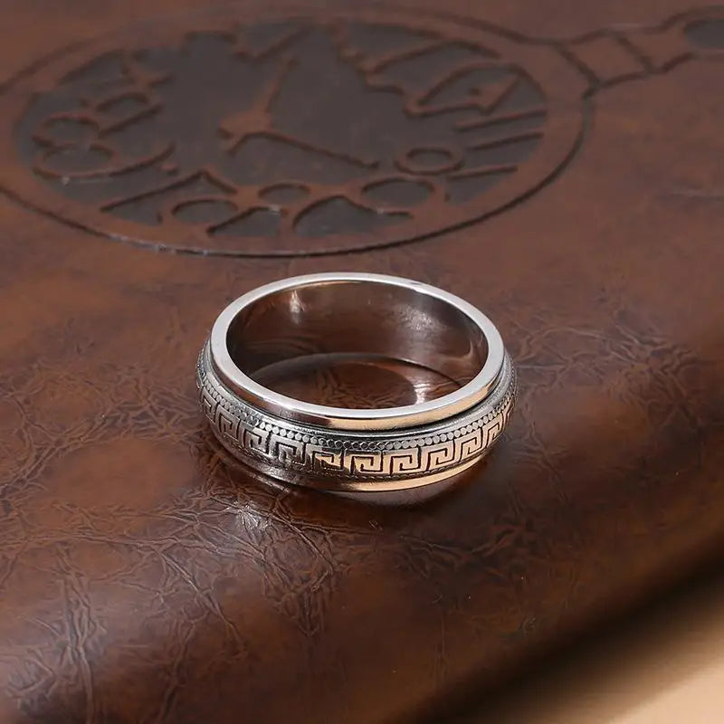 Factory Price S925 Sterling Silver Great Wall Pattern Spinner Ring Men Women Real Silver Double-layer Rotatable Rings Jewelry