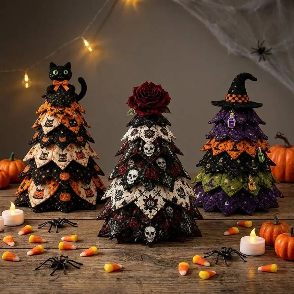 Vintage Halloween Quilted Fabric Tree Kit Pumpkin Ghost Black Cat Spider DIY Patchwork Tabletop Tree Set Tree Ornament 3D Thick
