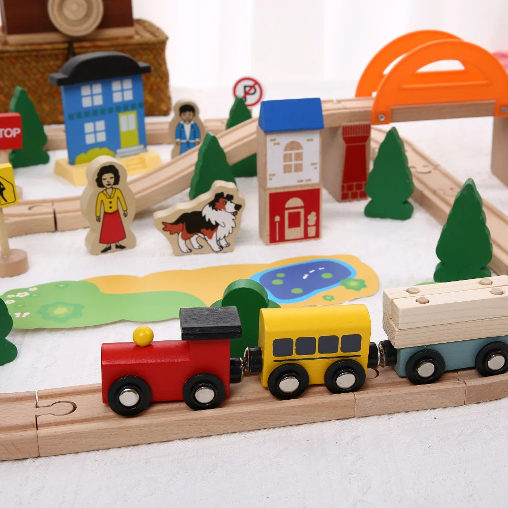 Boys Wooden Track Train Set Wooden Railway Car Educational Toys Compatible for Wooden Track Toys for Kids Gift