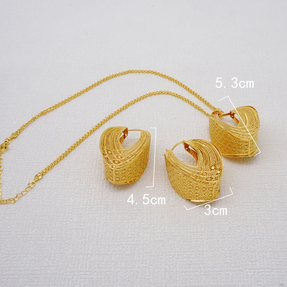 Fashion Dubai Jewelry Sets Gold Color Pendant Copper Classic Earrings Necklace For Women Daily Wear Party Anniversary Gifts
