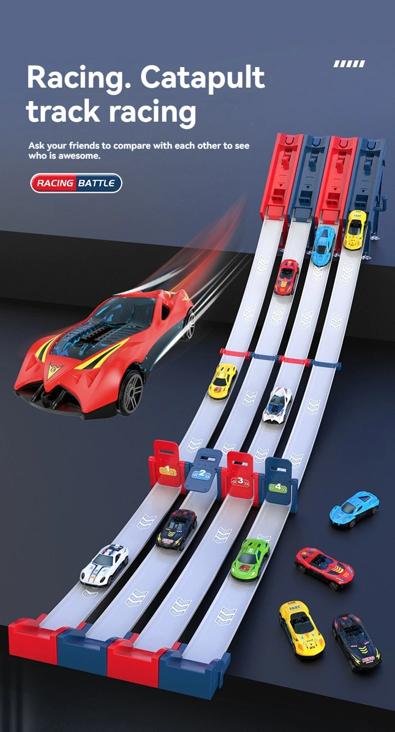 110CM Kid Track Car Racing Set with Mini Cars Toy DIY Assembled Track Kits Catapult Rail Car Strategy Interactive Game Boy Gift