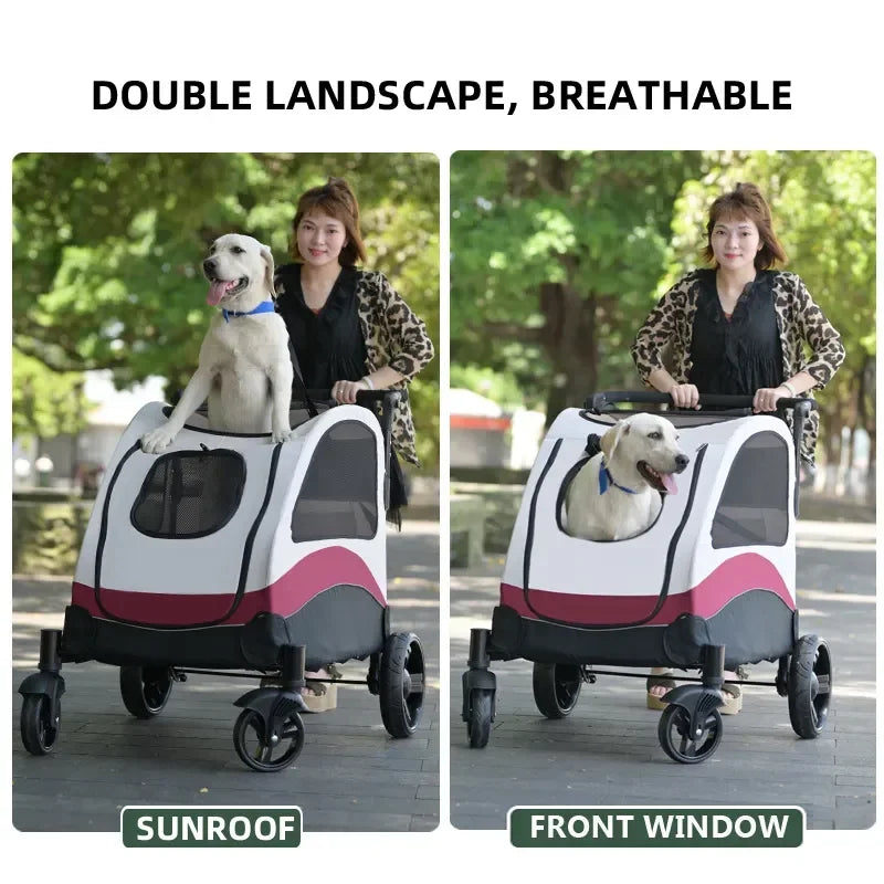 Large Pet Stroller 4 Wheels Dog Carrier with Brakes Portable Puppy Travel Strollers with Breathable Windows Adjustable for Cats