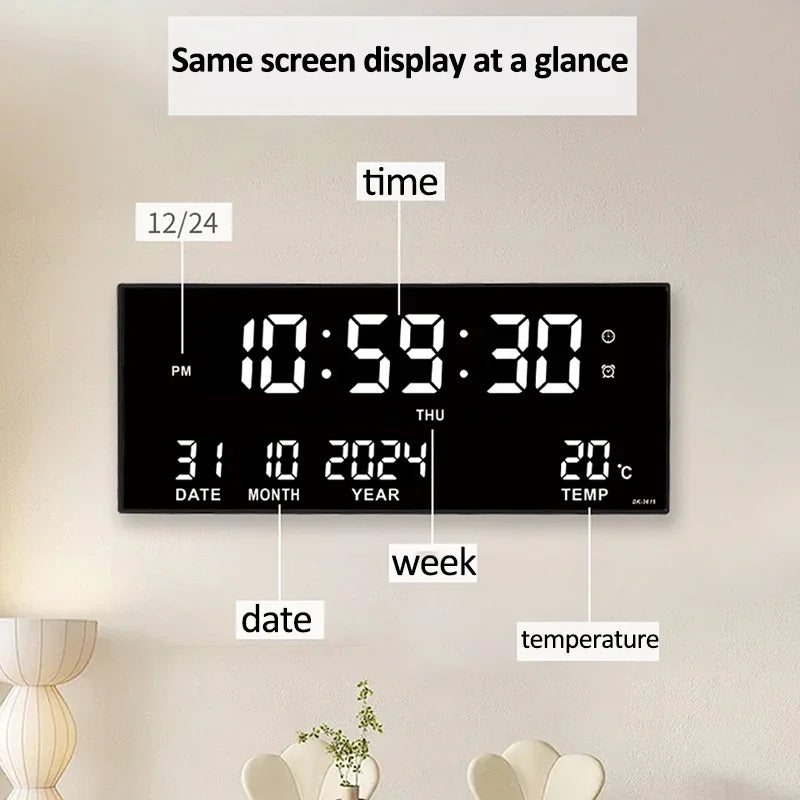 Digital Large Wall Clock Alarm Temperature Date Calendar Display 8 Sets of Alarm Clocks 14'' Electronic LED Clock Plug in Use