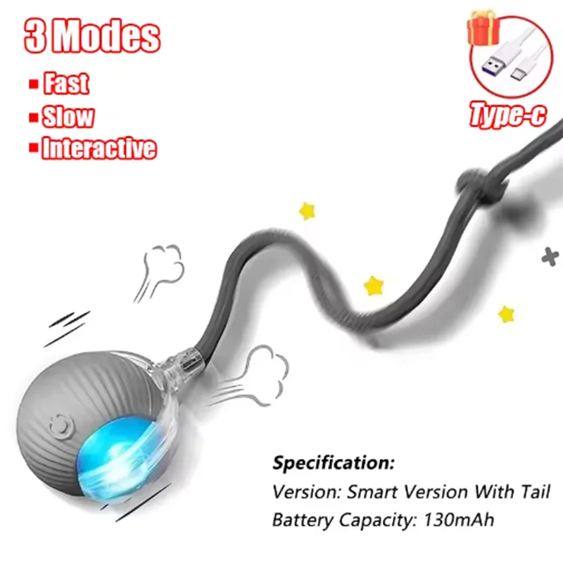 Cat Interactive ball Toy, Automatic Rolling Ball with Tail, Rechargeable Smart Pet Interactive Toy, Intelligent toy for Cat
