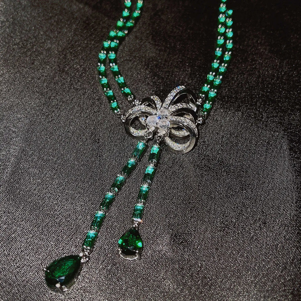 Luxury Micro-inlaid Full Zircon Long Tassel Earrings Bowknot Simulated Emerald Necklaces Bracelets Rings Jewelry Sets For Women