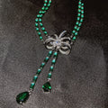Luxury Micro-inlaid Full Zircon Long Tassel Earrings Bowknot Simulated Emerald Necklaces Bracelets Rings Jewelry Sets For Women