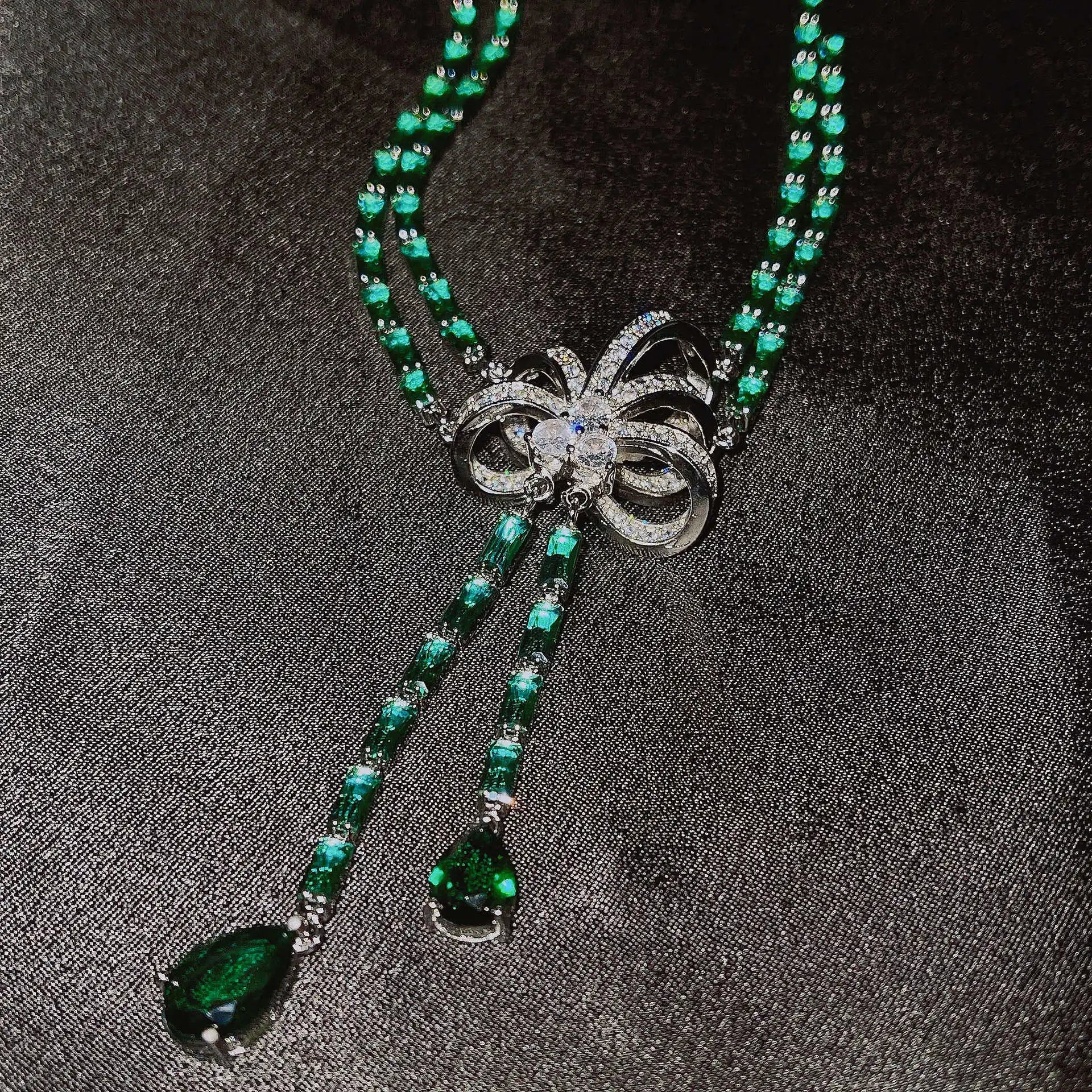 Luxury Micro-inlaid Full Zircon Long Tassel Earrings Bowknot Simulated Emerald Necklaces Bracelets Rings Jewelry Sets For Women