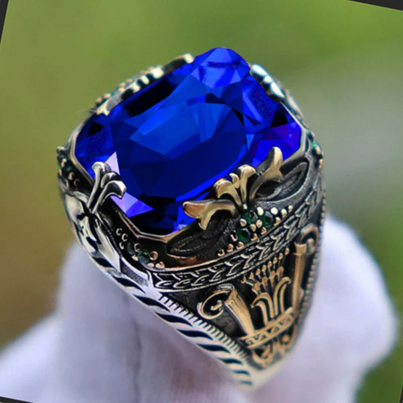 Inlaid Emerald Men's Luxury Ring Personality Retro Domineering Gem Sapphire Ring To Attend The Banquet Party Business Jewelry