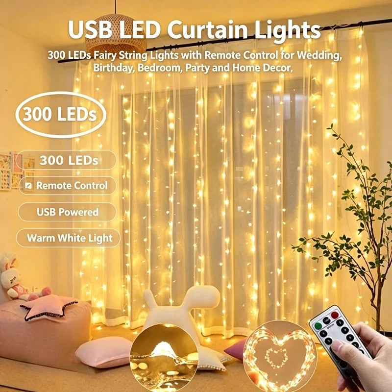 USB LED Curtain Lights with Remote Control, Christmas Fairy Lights for Wedding Birthday Bedroom Party Home Decor