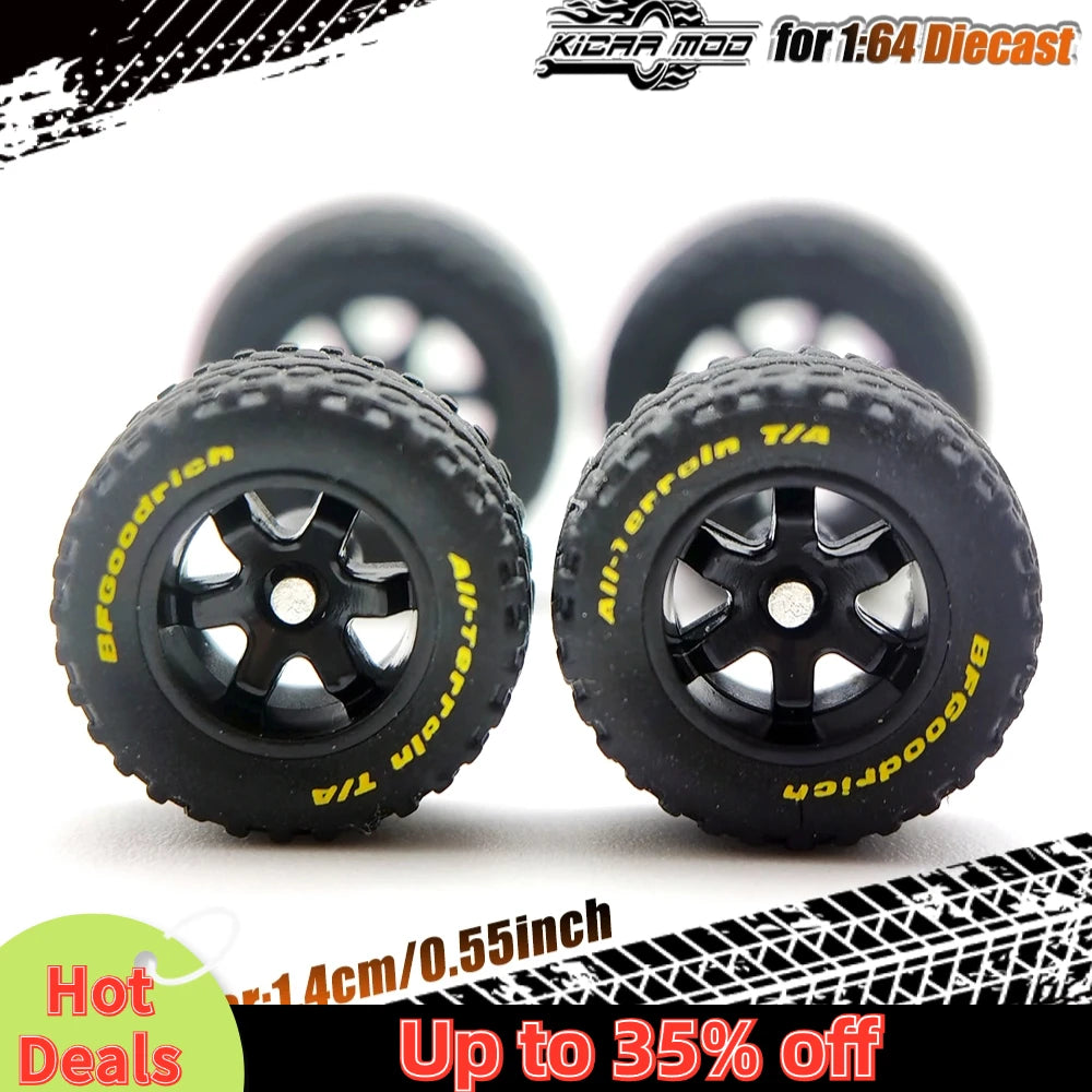 1/64 14mm Rubber Tires Tyre Band Letter & Diecast Car Wheels for 1:64 Off-Road Dedicated to Pickup Trucks, Large Sedan (1 Set)