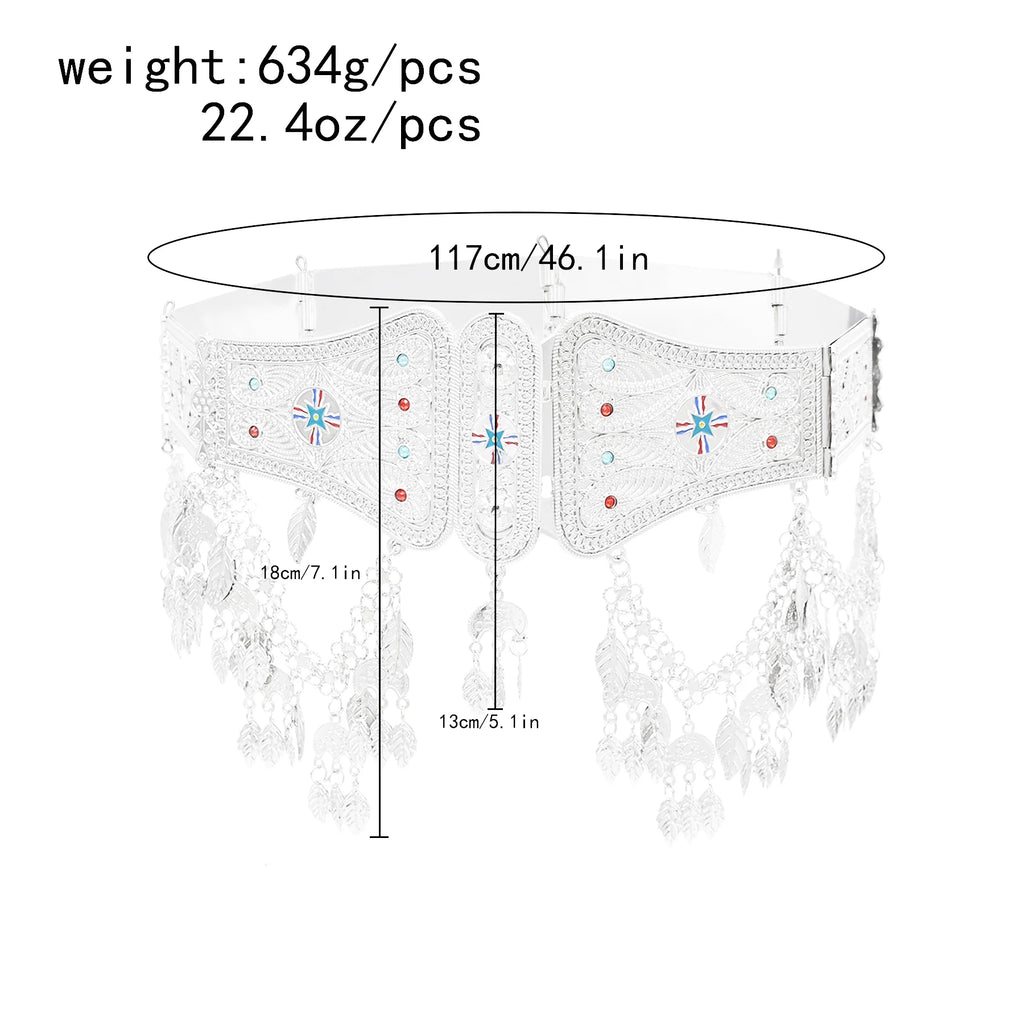 Silver Plated Assyrian Belt Hair Accessories Earrings for Women Kurdish Assyria Ethnic Colorful Flag Leaf Tassel Jewelry Sets