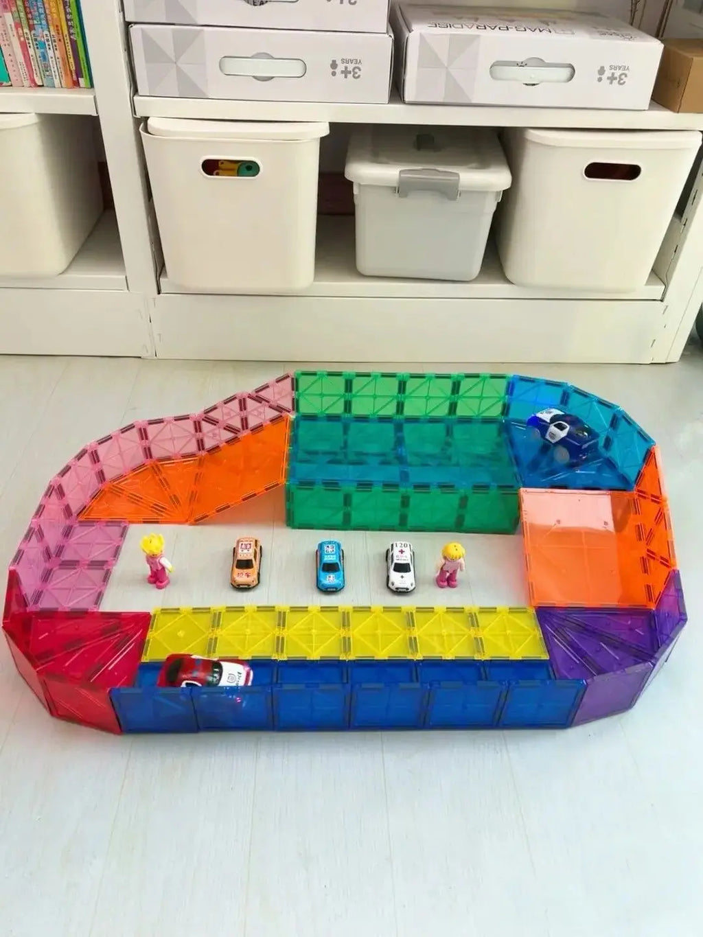 Track Car Special Magnetic Building blocks Tiles Accessories, Electric Glowing Vehicle Set with Jeep Police Car Children's Toys