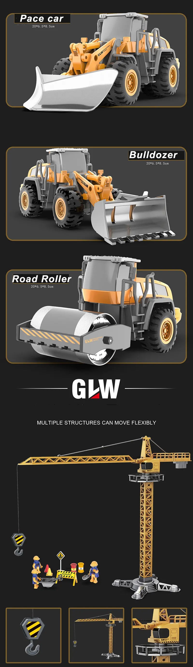 Engineering Diecast Crane Bulldozer Excavator Vehicle Construction Alloy+Plastic Tractor Inertial Model Toys for Children Boys