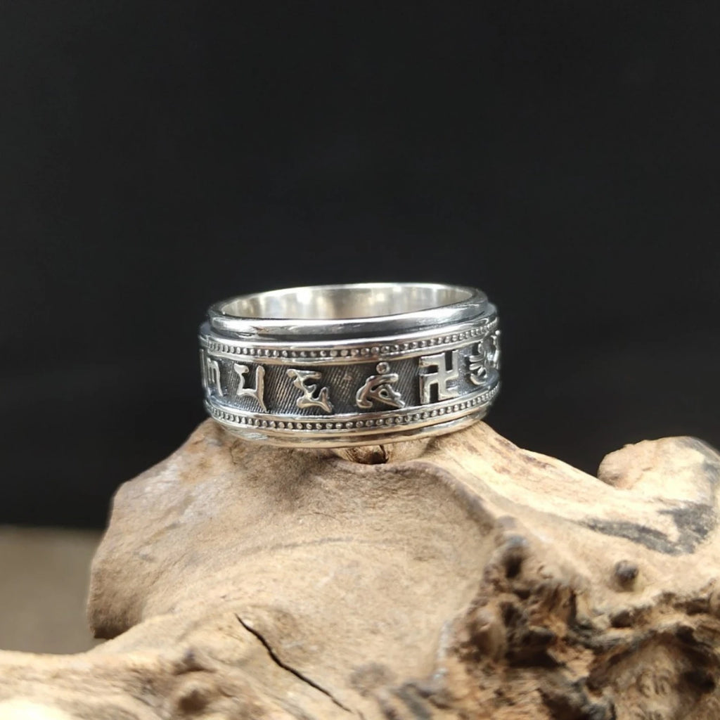 S925 Sterling Silver Ring Men Women Retro Buddhist Six-Character Great Mantra Ring Male Female Amulet Jewelry Exquisite Gift