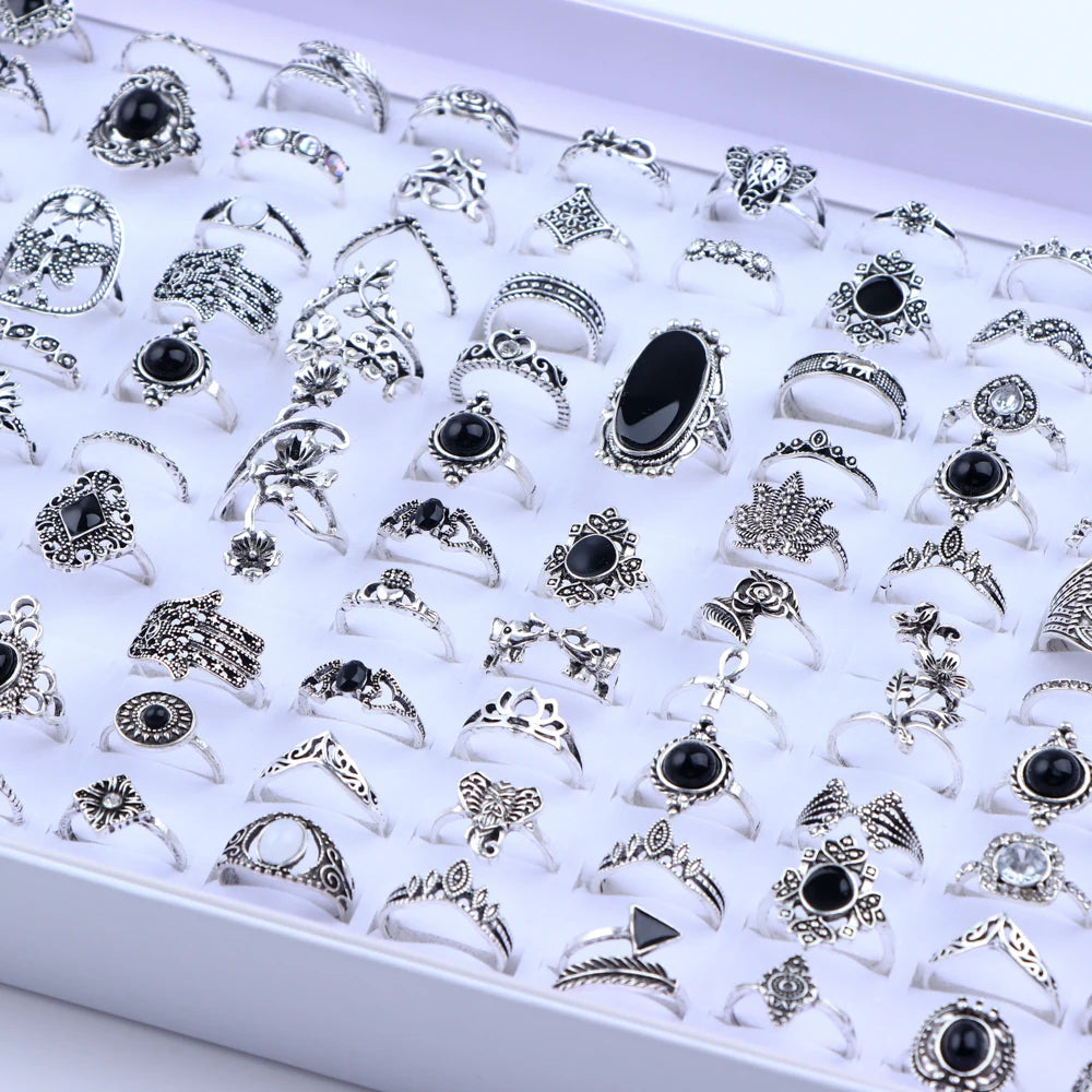 10/20/30/50/100Pcs/Lot Retro Punk Bohemian Rhinestone Carve Rings For Women Mix Style Jewelry Party Gifts Accessories Wholesale