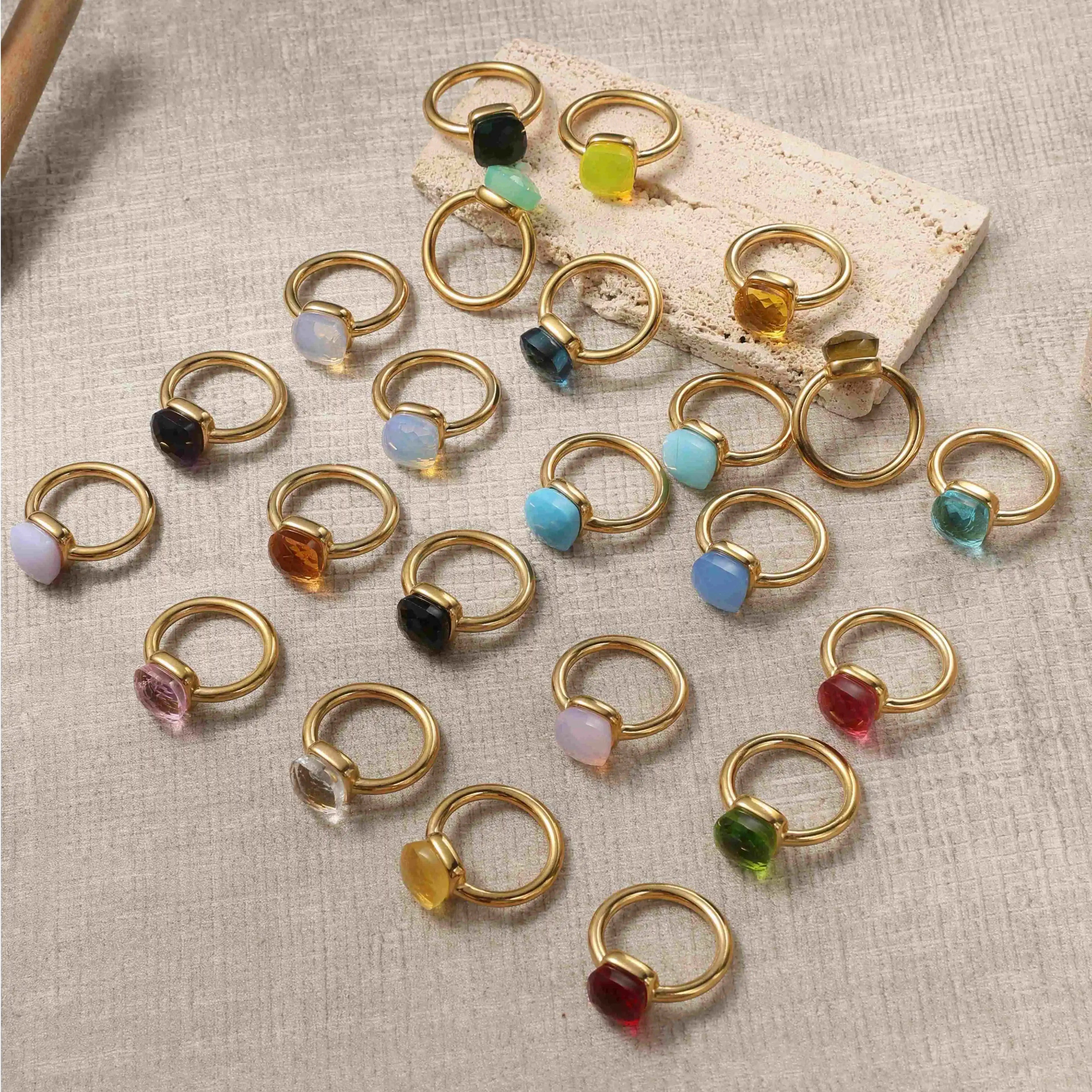 Colorful Crystal Nude Ring for Women 18K Gold Plated Stainless Steel Candy Color Square Stone Statement Rings Jewelry Gift
