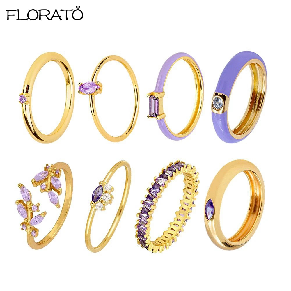 Trendy 18K Gold Plated Engagement Ring for Women Luxury Fashion Elegant Purple Crystal Wedding Rings Party Jewelry Gifts