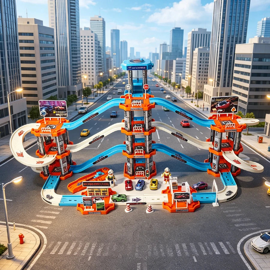 Children's large four story parking lot toy set, multi-layer urban rail toys, boys' cars, suitable for boys' birthday gifts