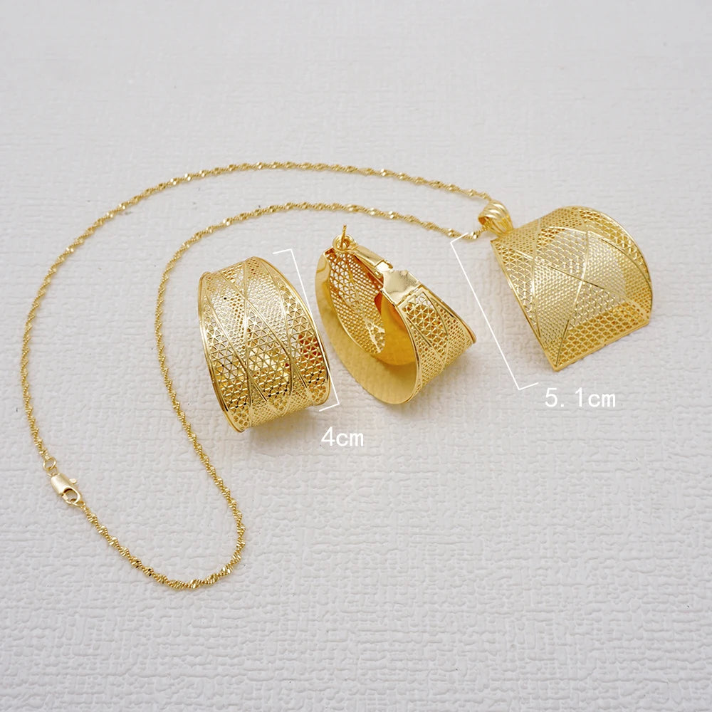 Fashion Dubai Jewelry Sets Gold Color Pendant Copper Classic Earrings Necklace For Women Daily Wear Party Anniversary Gifts
